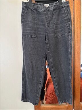 Madewell Pull-On Barrel Leg Jeans Black Wash Elastic Waist Pockets 14P Petite